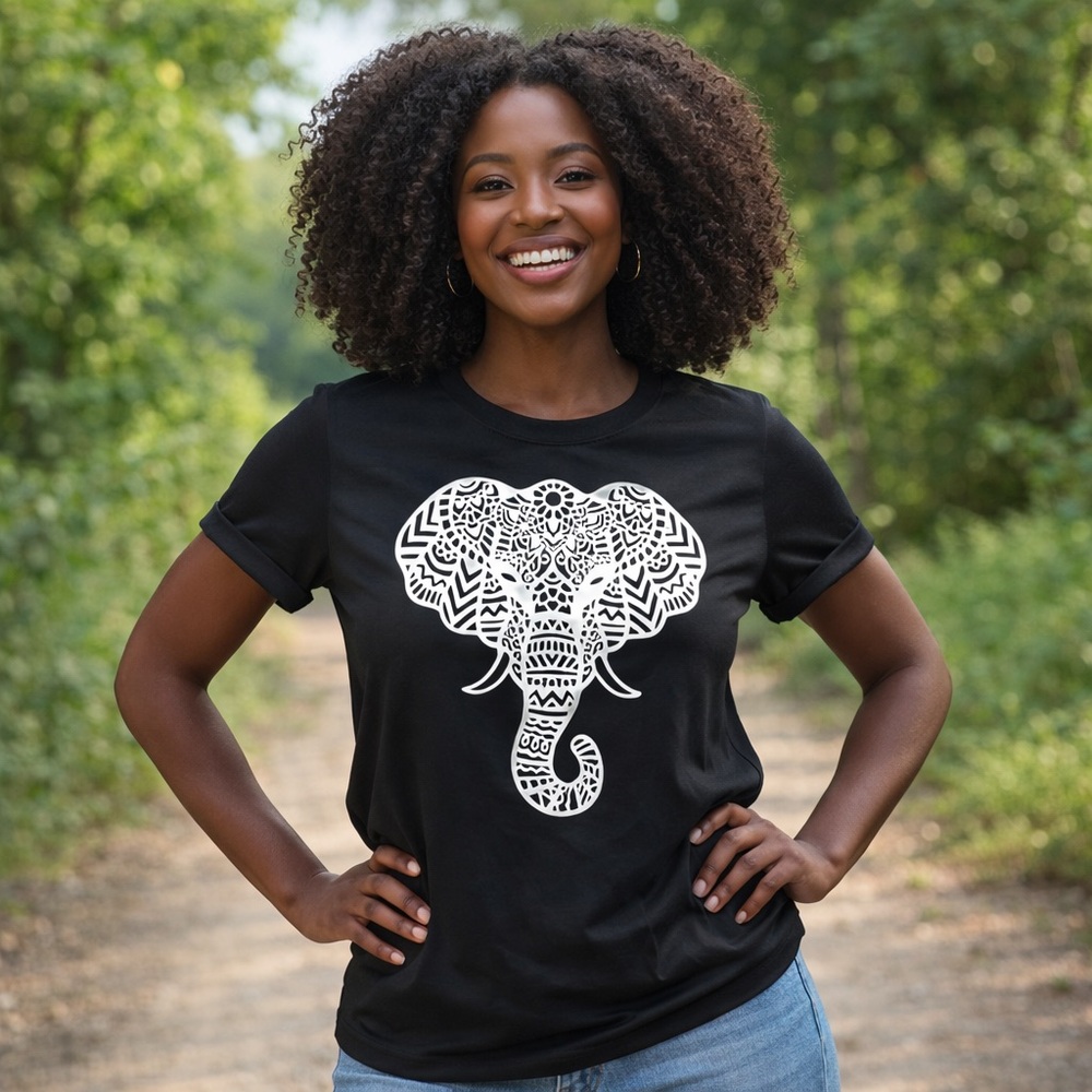 Xiujin Women’s Black Graphic Tee with White Elephant – Size L